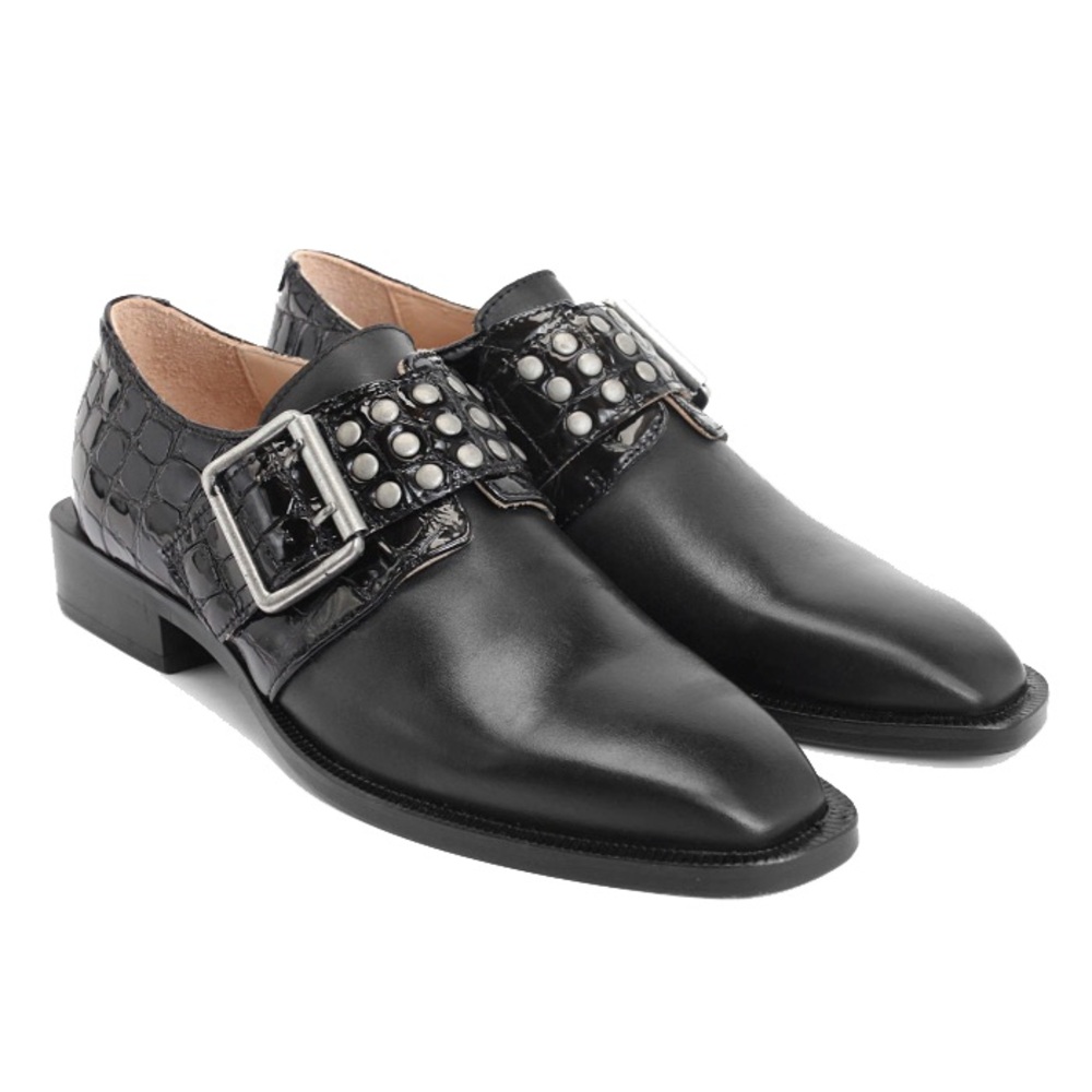 John Fluevog Moxie Magoo Magnum Buckled Shoes with Patent Emboss
